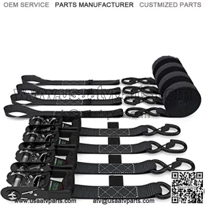 Tie Down Kit, 5,208 Break Strength - Includes (4) Heavy Duty 1.6" x 8' Rachet Tiedowns with Padded Handles & Coated Chromoly S Hooks + (4) Soft Loop Tie-Downs (Black 4-Pack)