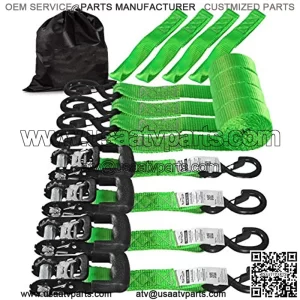 Heavy Duty Tie Down Set, 5208 Break Strength - (4) Heavy Duty 1.6" x 8' Cargo Tiedowns w/Padded Handles & Coated Chromoly S Hooks + (4) Soft Loop Tie Downs Strap (Green)
