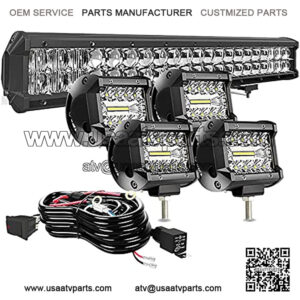 20Inch 126W 5D Led Light Bar Spot Flood Combo Beam + 4Pcs 4" 60W LED Work Light Pods Driving Fog Lamp with Rocker Switch Wiring Harness for Polaris Truck ATV UTV SUV 4X4 Boat