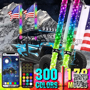 LED Whip Lights for UTV Dune Buggy 2PCS 5FT, Spiral RGB, 300 Colors, 178 Modes, Bluetooth Remote Control, Waterproof IP67 for Can-Am ATV UTV Dune Buggy Offroad Truck Accessories