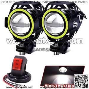 Motorcycle Lights Halo Ring Fog Spotlight Daytime Running Lights, White Hi/Low Beam/Strobe Modes U7 LED Front Headlight DRL Auxiliary Driving Lights With Switch