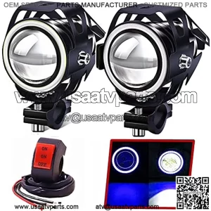 2X Motorcycle Halo Headlights with Switch ,Universal U7 Motorbike Auxiliary Driving Light 12V/24V for ATV UTV Scooter Off Road Trucks White Beam Blue Ring