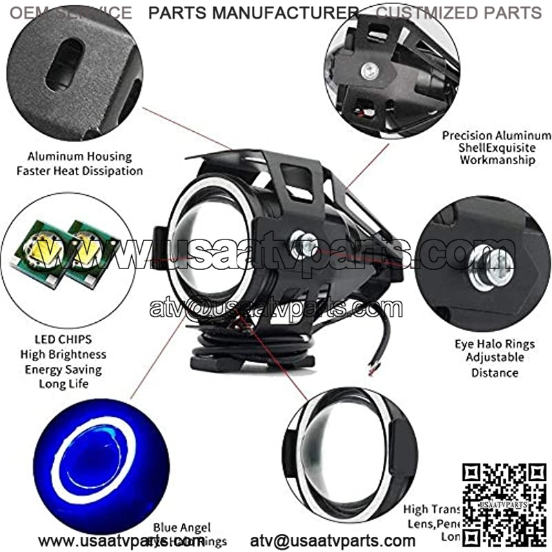2X Motorcycle Halo Headlights with Switch ,Universal U7 Motorbike Auxiliary Driving Light 12V/24V for ATV UTV Scooter Off Road Trucks White Beam Blue Ring - Image 4