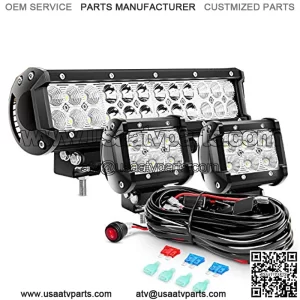 ZH016 12 Inch 72W Spot Combo Bar 2PCS 4 Inch 18W Flood LED Fog Lights with Off Road Wiring Harness- 2 Leads, White