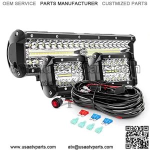 LED Light Bar Set, 12 Inch 300W Triple Row Spot Flood Combo Work Driving Lamp, 2 Pcs 4 inch 60 W Triple Row Flood Spot LED with Wiring Harness for Off road ATV Boat Lighting