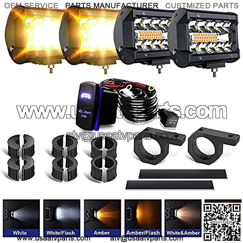 4Pcs 4inch LED Pods Strobe Lights, White/Amber Yellow LED Light Bar Driving Fog Offroad Cube Light w/ Mounting UTV Flag Mount Whip Light Mount Kit for ATV UTV Trucks w/ Wiring Kit