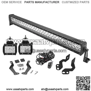 32In 180W LED Front Windshield Straight Light Bar Mount Bracket Kit and 3In 18W Side Pillar Roll Cage LED Light Pods Mount Bracket w/Rocker Switch Wire Kit Fit Compatible with Polaris RZR XP 1000 900