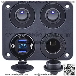 Dual Quick Charge 3.0 USB Charger Socket & Voltmeter + 12V Power Outlet Cigarette Lighter Socket + Dual ON-Off Toggle Switch 4 in 1 Function Panel for Car Marine Boat RV Truck ATV UTV Camper