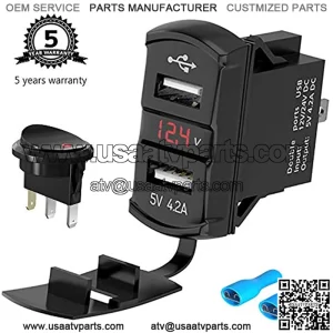 12V/24V USB Charger Socket Rocker Switch Dual USB Car Power Outlet with Red LED Voltmeter Marine Cigarette Lighter Adapter Waterproof 4.2A Fast Charge for Boat Motorcycle ATV RV Truck