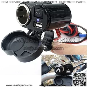 12-24V Motorcycle Car ATV Cigarette Lighter Socket USB Charger Integrated Adapter with Switch & Handlebar Mount Bracket - for Cellphones,GPS,Tablets and Other Devices