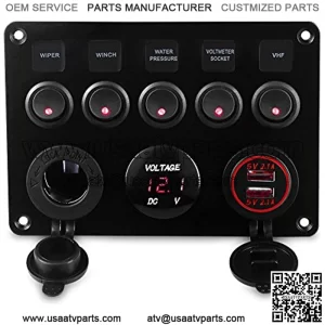 5 Gang ON-Off Marine Ignition Toggle Rocker Switch Panel Waterproof with Digital Voltmeter 4.2A Dual USB Charger Cigarette Lighter Socket for RV Car Boat Vehicles Truck Trailer Yacht (Red)