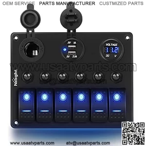 6 Gang 5 Pin ON/Off Toggle Rocker Switch Panel with 12V-24V LED Digital Voltmeter 3.1A Dual USB Charger Cigarette Lighter Socket Overload Protection For RV Truck Boat SUV