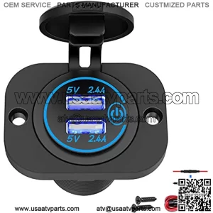 Dual USB Socket 12V Marine Outlet with Switch Golf Cart USB Port 12 Volt DC Car Charger Mount Waterproof Cigarette Lighter Power Adapter DIY Kit Fast Charge with Blue LED for Boat Motorcycle ATV RV