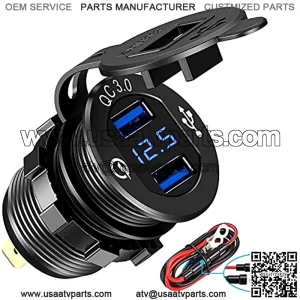 Quick Charge 3.0 Dual USB Charger Socket,with LED Digital Voltmeter & Wire Fuse DIY Kit,Aluminum Power Outlet Fast Charge, for 12V/24V Car, Golf Cart, Boat, RV, Motorcycle, Truck and More