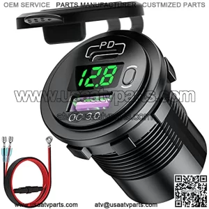 USB C PD 3.0 & Quick Charge 3.0 Dual USB Charger Socket, 12V/24V Waterproof Power Outlet Fast Charge with LED Voltmeter and ON/Off Switch for Car Boat Marine RV ATV Bus Truck Golf Cart