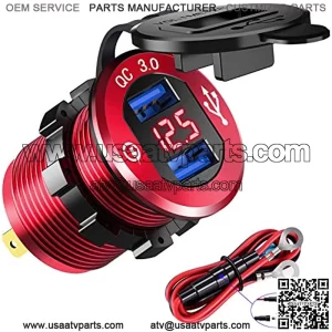 12V USB Outlet Quick Charge 3.0 Dual USB Charger Socket, USB Cigarette Lighter Socket with LED Voltmeter, Waterproof Aluminum Car Charger Adapter DIY Kit for Car Marine Truck Golf Cart RV, etc.