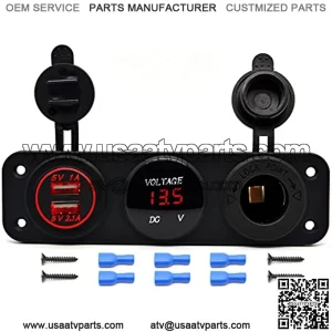 Triple Function Dual USB Charger + LED Voltmeter + 12V Outlet Power Socket Panel Jack for Car Boat Marine Digital Devices Mobile Phone Tablet (Red LED)