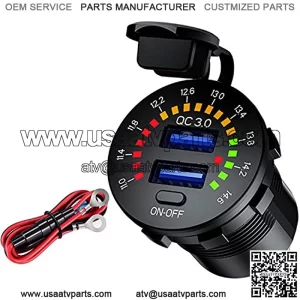 [Upgraded Version] Quick Charge 3.0 Dual USB Car Charger Socket with Colorful Voltmeter & ON/Off Switch, 12V USB Outlet for Car Marine Boat Motorcycle ATV Bus Truck and More - Black