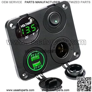 Dual USB Socket Charger 2.1A&2.1A + LED Voltmeter + 12V Power Outlet + ON-Off Toggle Switch Four Functions Panel for Car Boat Marine RV Truck Camper Vehicles GPS Mobiles (Green)