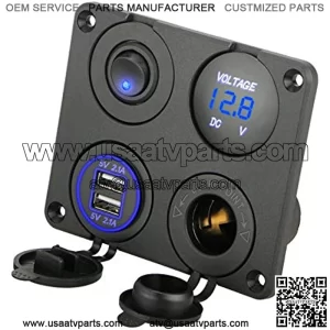 4 in 1 Multifunction Panel Power Outlet Socket Charger with 12V Cigarette Socket, Blue Digital Voltmeter, Double USB Power Outlet Socket, ON-Off Toggle Switch