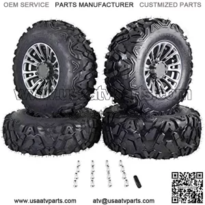 SL 25x8-12 25x10-12 ATV Tires with QUAKE Gunmetal 12x7 4/156 Rims UTV Wheel and Tire Kit with Lug Nuts Fits Polaris Only