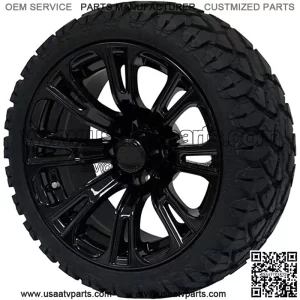 14" Black 'Voodoo' Golf Cart Wheels and 20"x8.5"-14 STINGER On-Road/Off-Road DOT rated All-Terrain tires - Set of 4, includes Black 'SS' center caps and 1/2x20 Black lug nuts