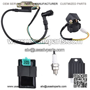CDI Box Ignition Coil Solenoid Relay Voltage Regulator with Spark Plug for 50cc 70cc 90cc 110cc 125cc ATV Dirt Bike and Go Kart