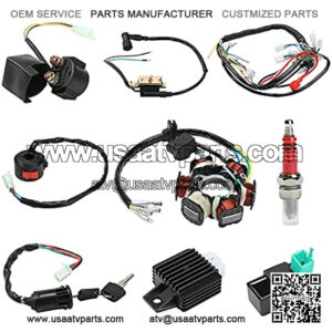 Quad Wire Harness Complete Wiring Harness Complete Electrics Stator Coil CDI Wiring Harness Solenoid Relay Spark Plug for 4 Stroke ATV 50cc 70cc 90cc 110cc 125cc Pit Quad Dirt Bike Go Kart Parts Scooter Moped Parts