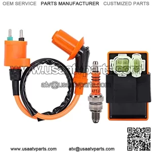Ignition Coil + Spark Plug + CDI Box, ABS + Aluminum Ignition Coil Spark Plug CDI Box Kit Replacement for GY6 50cc 150cc ATV Moped Scooters