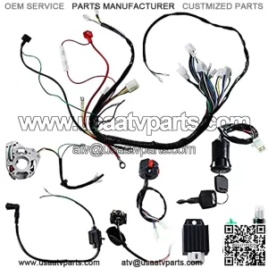 Complete Wiring Harness kit for ATV Quad 4 Four Wheelers 50CC 70CC 110CC 125CC Go Kart Dirt Pit Bikes, with Electrics Stator Coil CDI Wiring Harness Solenoid Relay Spark Plug