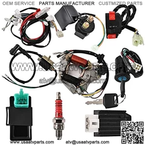 Complete Electrics Stator Coil CDI Wiring Harness Switch lock Ignition Switch Solenoid Relay Spark Plug for 4 Stroke ATV 50cc 70cc 110cc 125cc Pit Quad Dirt Bike Go Kart