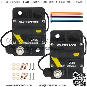 250 Amp Circuit Breaker of 2 Pack with Manual Reset Wire Terminal Copper Washer Screws and Cable Ties for Car Marine Trolling Motors Boat ATV Manual Power Protect 12V-48VDC, Waterproof