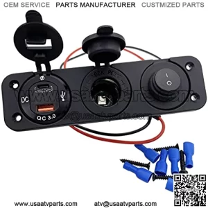 12V Outlet Socket Waterproof Cigarette Lighter Socket Panel with Rocker Toggle Switch, PD Type C 3.0 & QC 3.0 USB Charger Power Outlet for Car, Motorcycle, Boat, Marine, ATV, RV
