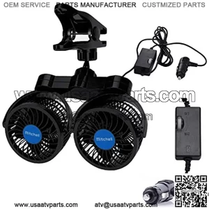 12V Adjustable Dual Head Clip Fan, 4 Inches Electric Car Clip Fans, 360 Rotatable Cooling Air Fan with Cigarette Lighter Plug for Vehicles, SUV, RV, Boat (Car Fan)