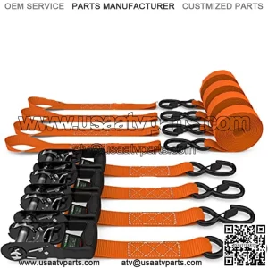 Ratchet Straps Tie Down Kit, 5,208 Break Strength - Includes (4) Heavy Duty 1.6" x 8' Rachet Tiedowns with Padded Handles & Coated Chromoly S Hooks + (4) Soft Loop Tie-Downs (Orange),+