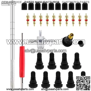 Tyre Valve Stem Puller Tools Set with 10 Pcs TR412 Snap-in Valve Stems with Valve Stem Cores, 1 Pcs Dual Single Head Valve Core Remover 1 Pcs 4-Way Valve Tool