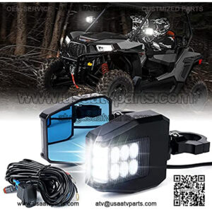 Aluminium UTV Side Rear View Mirrors Fit All 1.6-2 Inch Roll Bar Cage, Blue Anti-Glare Mirrors and Smoke Lens LED Spot Light for UTV ATV Can am Maverick X3 Polaris RZR XP 1000 Yamaha