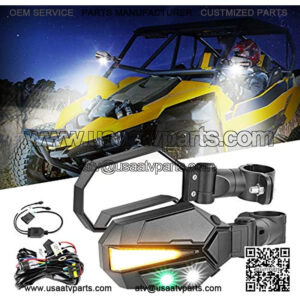 UTV Side Mirrors w/turn signal/white/green LED Lights Fits 1.75 - 2 Inch Roll Bar Cage Rear View Side Mirrors for Side by Side Polaris RZR Ranger Can Am x3 Pioneer Kawasaki ATV UTV Accessories