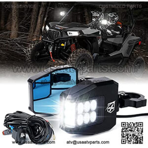 Aluminium UTV Side Rear View Mirrors Fit All 1.6-2 Inch Roll Bar Cage, Blue Anti-Glare Mirrors and Smoke Lens LED Spot Light for UTV ATV Can am Maverick X3 XP 1000 Yamaha