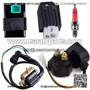 Solenoid Relay 2-Wire Ignition Coil 5 Pin CDI Box Regulator Rectifier Spark Plug for 4-Stroke 50cc 70cc 90cc 110cc 125cc ATV Dirt Bike Go Kart Compatible with Kazuma Taotao Coolster Parts
