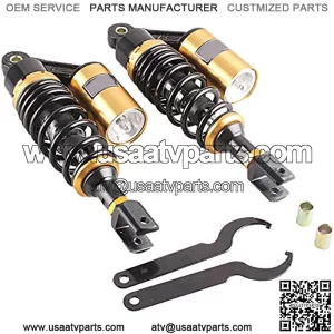 Pair 280mm Motorcycle Air Shock Absorbers Universal Fit for Honda Suzuki Yamaha ATV Go Kart Quad Dirt Sport Bikes Black & Gold Eye to Clevis