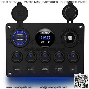 90101E 5Gang Multi-Function 5 Gang Rocker Dual USB r + Digital Volmeter +12V Outlet Pre-Wired Switch Panel with Circuit Breakers for RV Car Boat Truck Trailer,2 Years Warranty
