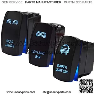 3pcs Rocker Switch Rear Light & Bumper Light & LED Lights Bar Toggle Switch Blue Backlit 5Pin 20A 12V w/Wiring Harness Compatible with UTV ATV Polaris RZR General Kawasaki Can-am Maverick x3 Honda