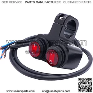 Waterproof 7/8 12v Red Led Illuminated Motorcycle ATV Handlebar Push Button Switch Headlight Hazard Brake Fog Light O/I Aluminum Alloy Double Control Switch with 55cm Connect Line F008
