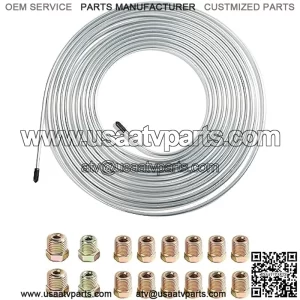 25 Ft Flexible Tube Line Roll,1/4" Brake Line Tubing Kit,Copper Coated Alloy Brake Line Tubing Coil with 16 Inverted Flare Fittings,Fuel Line Coil(Silver)